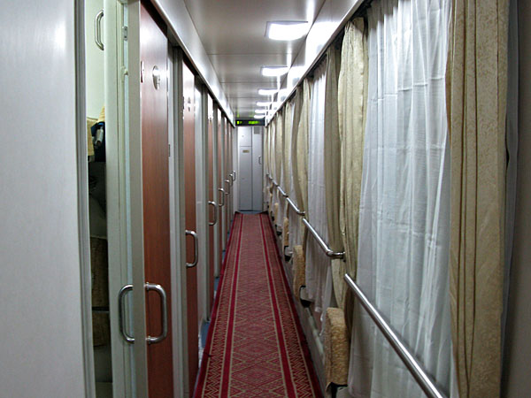 The interior of the overnight train: Windows to the right, private cabins to the left