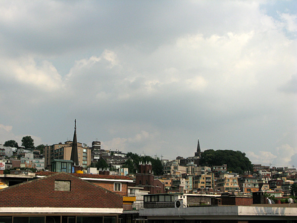 Steeples among houses