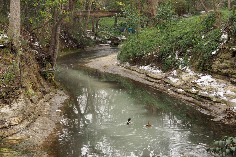 Milky creek with teenagers in hammocks around the bend