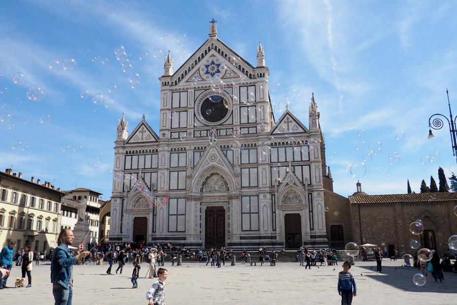 Basilica of Santa Croce (Chapel of the Holy Cross)  in Florence with Bubbles